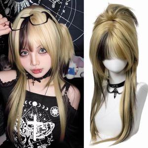 NBANLIKE Bím tóc đôi Tóc giả ombre vàng đen nhiều lớp Harajuku Tổng hợp Tóc giả cosplay Lolita Tóc giả Tự nhiên Tóc dài thẳng có mái dành cho phụ nữ