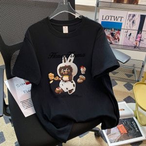 T-Shirt Wanita Lengan Pendek - Motif Kartun Domba Kecil & Tulisan Keren Bahan Adem Premium Tren Korea Jepang 2025 Desain Oversize Slim Fit Sweet & Spicy Atasan Santai Kerah Bulat Bahan Katun Bernapas Nyaman Sepanjang Hari Womens Clothing