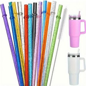 ROLL 1PC Reusable Gold Powder Plastic Straw Portable Car Travel Cup Straw Car Cup Straws Gifts with Cleaning Brush Water Cup Straw for Stanley 40oz/30oz/20oz