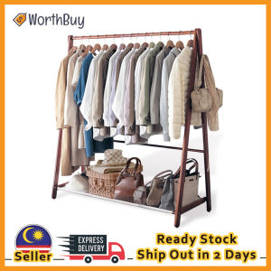 Worthbuy Foldable Solid Wood Clothes Hanging Rack with Bottom Storage Saves Space Clothes Rack