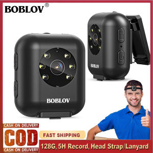 BOBLOV W4 Mini Body Worn Camera HD 1080P 128GB Video Audio Recordering Camcorder Sports Action Motion Detect Camera for Head Mounted with Strap and Short Clip 5hours Video Shooting