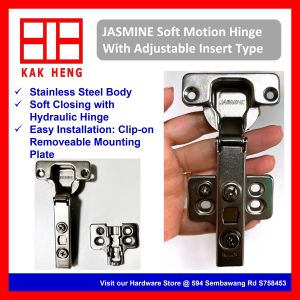 JASMINE Soft Motion Hinge With Adjustable Insert Type Stainless Steel Soft Closing Cabinet Door Cushion Impact