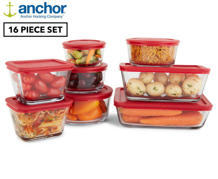 Anchor Hocking Classic Glass Food Storage Containers with Lids, Red, 16