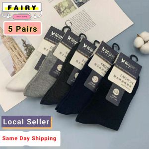 (SG Seller) 5 Pairs Men Socks Cotton Socks Business Male Long Socks High Quality Double Needle Anti-Odour Breathable Black Socks School Socks