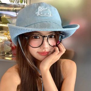 EIJINGY ปรับได้ หมวกคาวบอยชาวประมง แมวคิตตี้ ปีกกว้าง หมวกกันแดดกลางแจ้ง ฤดูร้อน คาวาอี้ หมวกคาวบอยตะวันตก สาวๆ