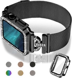 JOYOZY Magnetic Band Compatible with Watch Band 38mm 40mm 41mm 42mm 44mm 45mm 46mm Milanese Strap with Bling Glitter Case Built-in Screen Protector Dressy Stainless Steel iWatch Loop for Women
