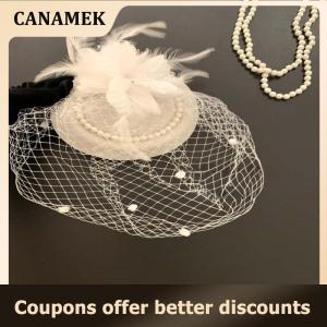 【 CANAMEK 】 Fascinators Hats Women Mesh Veil Feather With Hair Clips Small Top Hat Wedding Bridal Cocktail Headwear