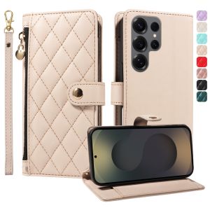 Cho Samsung Galaxy S25 S24 S23 S22 S21 S20 Ultra / S25 S24 S23 S22 S21 S20 Plus / S20 S21 S23 S24 S25 FE vỏ điện thoại dây kéo từ thơm gió ví da với đứng nắp gập có khe cắm thẻ bìa