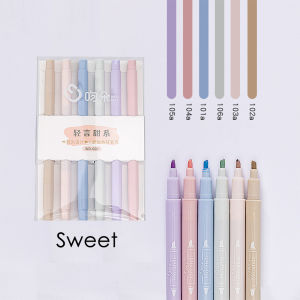 DenDen 6PCS Highlighter Double Head Pen Cute Candy Colour Pastel Highlight Art Marker Student Stationery School Alat Tulis Warna-warni 2 Kepala Saiz 双头荧光笔 浅色记号笔