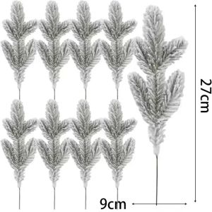 20PCS Christmas Pine Needle Branches Cypress Leaf Flocked Pine Xmas Tree Artificial Fake Plant Wreath Ornament Snow Twig Decor
