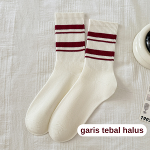 M1130 Kaos Kaki Oldschool Motif Garis 2 & garis 3 wanita panjang warna red merah white putih gaya vintage retro premium Women socks