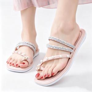 Womens Fashion Style Pearl Decorated Flat Bottomed Open Toed Sandals Lightweight Rubber Sole Daily Casual Multifunctional Trendy Flat Shoes