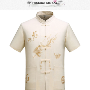 2023 Spring Summer New Men S Elastic Shirt Embroidered Dragon Robe Elderly Fashion Short Sleeve