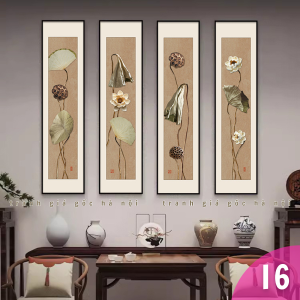 Tranh Giá Gốc Hà Nội - Bộ 4 Tranh Hoa Sen Canvas Cổ Kính Độc Quyền Khung Composite Chống Mối Mọt Dễ Lau Chùi