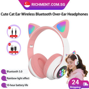 【✅SG Brand】RICHMENT Cat Ear Wireless Bluetooth Headphones with Colorful RGB LED Light Over-Ear HiFi Stereo Sound Bluetooth 5.0 Foldable Headband TF Card & AUX Support Gaming Music Headset with Long Battery Life