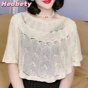Heabety Womens Knitted Hollow Cotton Shawl Scarf Blouse Summer Autumn Elegant Ladies Sun Protection Cloak Smock