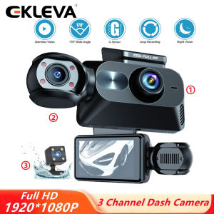 EKLEVA 3 Channel Dashcam Full HD 1080P Front Interior And Rear 3.0-inch IPS Screen G-sensor Infrared Night Vision Car DVR