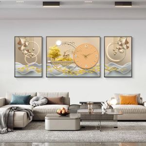 Tranh đồng hồ tráng gương bộ 3 tấm cách điệu hiện đại hươu vàng nghệ thuật