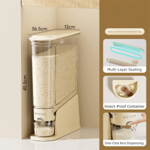 XENMART Fully Transparent Rice Dispenser 12CM Width Press Type Grain Storage Drum  Sealed Rice Drum Grain Rice Storage