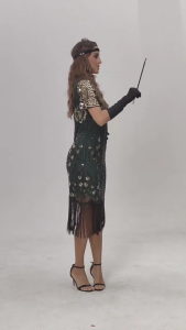 1 Set 1920s V-Neck Dress Elegant Beaded Sequined Fringe Dresses with Accessories for Evening Parties And Formal Event