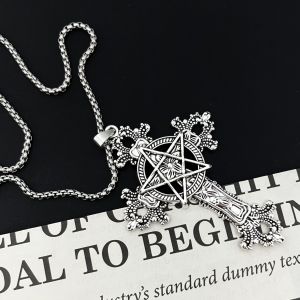 1PC Gothic Silvery Cross Pentagram Tassel Pendant Necklace for Men Women Rock Punk Necklaces Jewelry