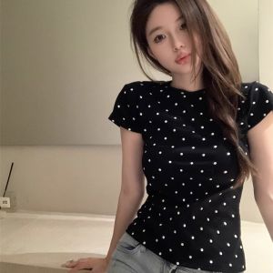 COD✅ Malaysia Ready Stock Korean Dark Gray Polka Dot Crop Top Women Summer Soft Elastic Round Neck Short Sleeve T-shirt Chic Basic Casual Tee