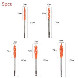 5pcs/Set Mata Bor Kayu Panjang 170mm Mata Bor Lobang Kayu Hex Handle 10/12/14/16/18mm Wood Working Drill