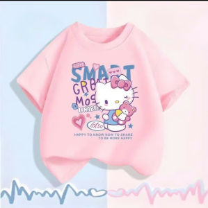 Áo Thun Cổ Tròn Tay Ngắn Cho Bé Gái Họa Tiết Hello Kitty Phong Cách Thời Trang