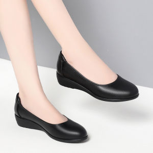 Mom shoes Wedge heel Black leather soft comfortable soft flat casual non-slip shoes for women
