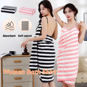 Womens Bath Towel Suspender Wrap Striped Dress Style Bath Towel Household Bathrobe Bath Towel