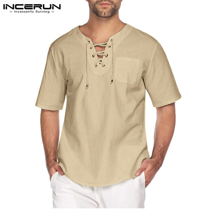 INCERUN Mens Linen Cotton Shirt Short Sleeve Lace Up V-Neck Hippy Tops  Solid Beachwear Shirt (Western Style) Lazada PH