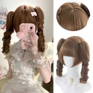 SUTONGXUE Tổng hợp Tóc đuôi ngựa cắt công chúa Cosplay Màu nâu caramel Tóc giả Lolita có mái bằng Thời trang Halloween Tóc Bob Ngắn Cô gái