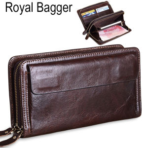 Royal Bagger Long Wallet For Men Genuine Cow Leather Clutch Bag Double Zipper Handbag Business Folder Head Layer Clip Wallets Purse For Men