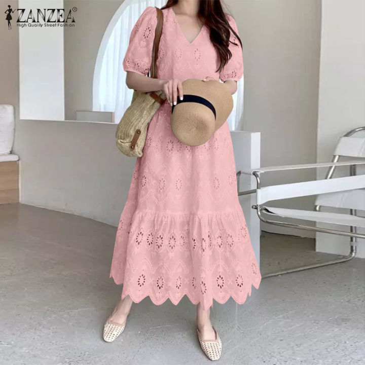 ZANZEA Korean Style Womens Holiday Fashion V Neck Hollow Lace Crochet Dress  Short Sleeve Midi Solid Dresses #0317 | Lazada Singapore