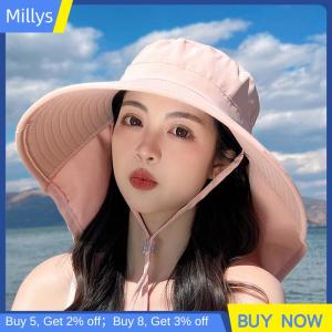 Millys หมวกทรงถังพร้อมผ้าคลุมไหล่น้ำหนักเบาระบายอากาศได้ดี หมวกกันแดดหมวกชายหาดดีไซน์สำหรับฤดูร้อน