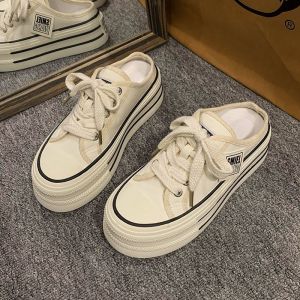 Free Shipping Canvas Half Slippers For Women Summer Outdoor Wear 2026 New Style High-End Thick-Soled Height-Increasing Backless Lazy Style