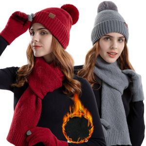 DOWNA 3Pcs/Set Touchscreen Knitted Hat Warm Neck Protection Scarf Gloves Set Winter Outdoor Scarf Cap Men Women