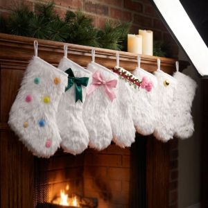 XYAX Bow Christmas Stocking Ornament Home Decor DIY Christmas Hanging Decoration Festival White Furry Plush Sock Pendant Christmas Tree