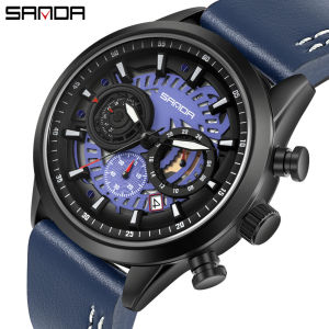 SANDA Top Luxury Brand Mens Watches Fashion Casual Chronograph Calendar Leather Strap Quartz Watches Military Waterproof Wristwatch