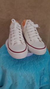 รองเท้าแฟชั่นผ้าใบสีขาวแถบแดง