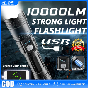 【COD/Original】Super Bright Zoom LED Flashlight Rechargeable Waterproof Outdoor Heavy Duty High Beam Flashlight Long Battery Life Tactical Flashlight Built-in Battery Fishing Camping Hiking