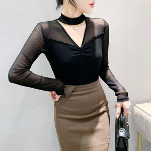 YIMEI เสื้อลายเสือดาวแนววินเทจสำหรับผู้หญิงเสื้อโอเวอร์ไซส์สไตล์ยุโรปเสื้อยืดพิมพ์ลายพร้อมเพชรสำหรับห้อยคอวีและจีบเซ็กซี่เสื้อฐานพิมพ์เข้ารูปพอดีแขนยาวของผู้หญิง