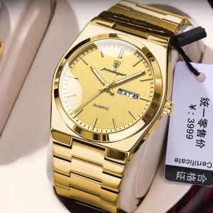 นาฬิกาลำลอง POEDAGAR สำหรับผู้ชายต้นฉบับนาฬิกาโลหะกันน้ำไม่ขึ้นสนิมปฏิทินเรืองแสงสีทอง