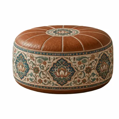 ERMENLED PU Leather Ottoman Pouf Boho Pattern Foldable Storage Ottoman Round Shape Footstool Cover Multipurpose Storage