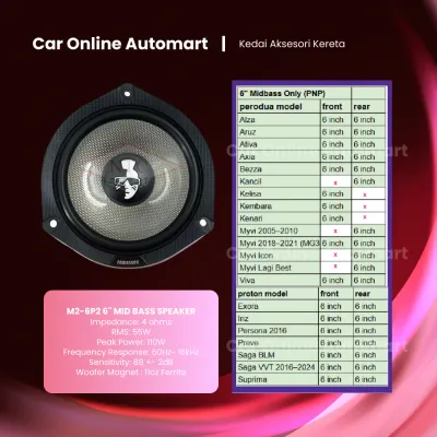 MOHAWK M2 OEM PLUG & PLAY Speaker 6“PNP Perodua Myvi/Alza/Aruz/Bezza/Axia Proton Saga Exora Iriz Persona Preve MidBass/2Way