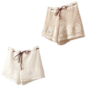 Women Hollowout Crochet Knit Lace Shorts with Drawstring High Waist Beach Vacation Swimsuit Cover Up Shorts Bottoms