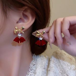 Fashionable Ring Gift 925银针秋冬红色复古植绒蝴蝶结流苏耳环ins新年酒红毛球珍珠耳钉