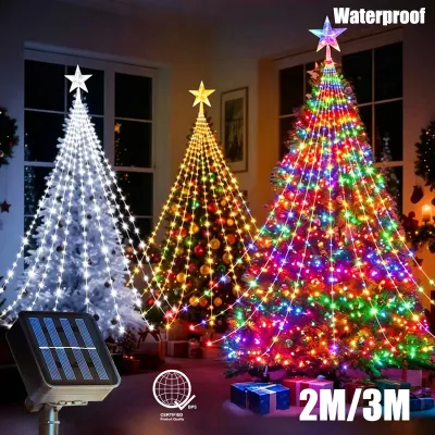 Solar Waterfall String Lights Outdoor Waterproof Christmas Lights 2M 200LEDS 3M 290LEDS Star Solar Fairy Lights With 8 Modes Indoor Christmas Tree Decor Solar Lights String for Christmas New Year Camping Curtain