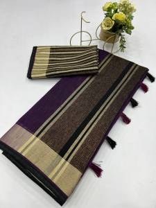 [PRE ORDER : 10 DAYS] Traditional Weaving Lining Linen Saree with Rich Gold Border and Blouse Piece _JAANVI