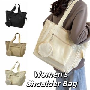 LANGJ ความจุขนาดใหญ่ กระเป๋าสะพายไหล่ผู้หญิง ง่าย ผ้าสีพื้น กระเป๋าสะพายข้าง สะดวก น้ำหนักเบา กระเป๋าโท้ตสำหรับนักเรียน ชั้นเรียนนักเรียน